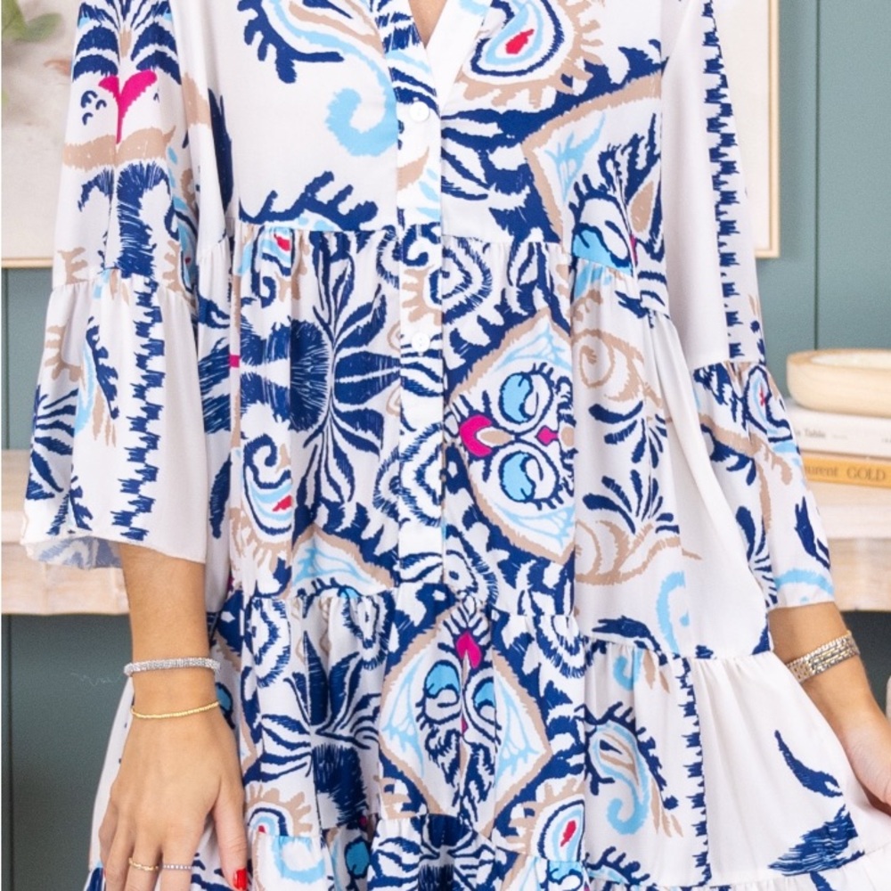 Chic Blue and White Patterned Mini Dress